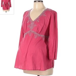 Motherhood Maternity Pink Embroidered V-Neck Tie Back Top Women's Large L EUC